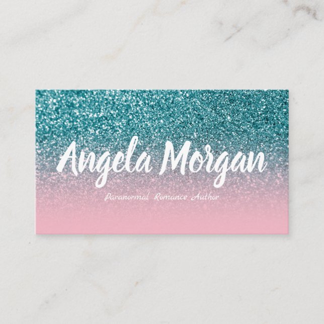 Pink and Teal Ombre Glitter Photo Author Business Card (Front)