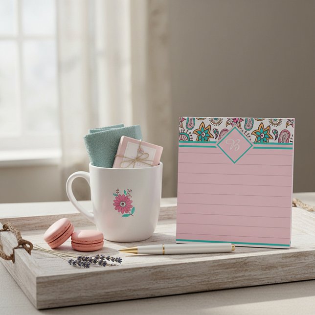 Pink and teal paisley monogram notepad (Creator Uploaded)