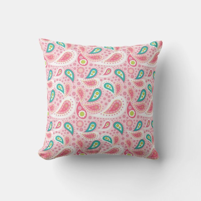 Pink and Teal Paisley Throw Pillow (Front)