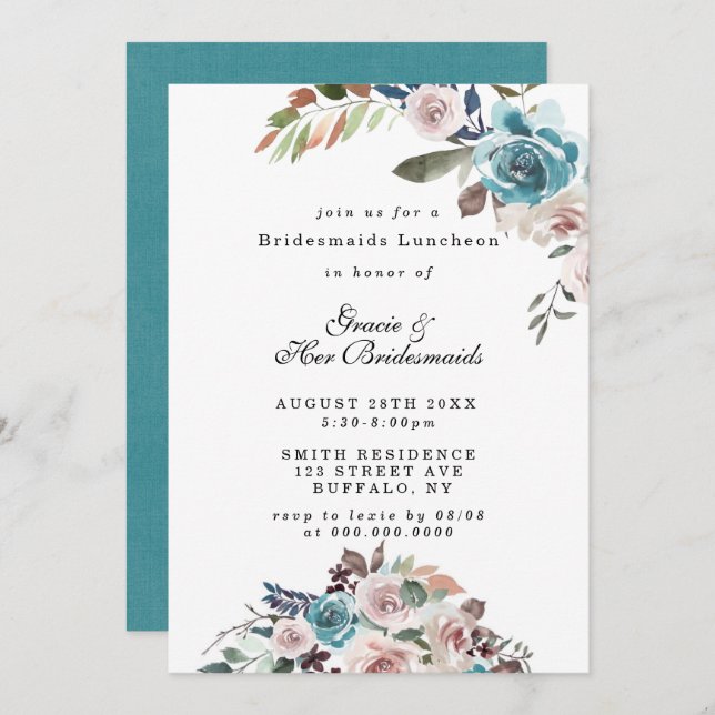 Pink and Teal Peony Bridesmaids Luncheon Invites (Front/Back)