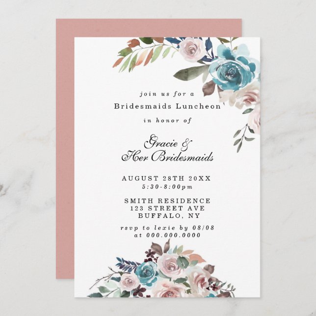 Pink and Teal Peony Bridesmaids Luncheon Invites (Front/Back)