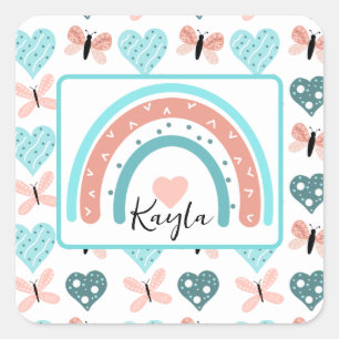 Pink and Teal Rainbows, Butterflies and Hearts Square Sticker