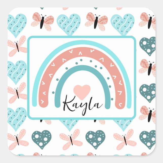 Pink and Teal Rainbows, Butterflies and Hearts Square Sticker (Front)