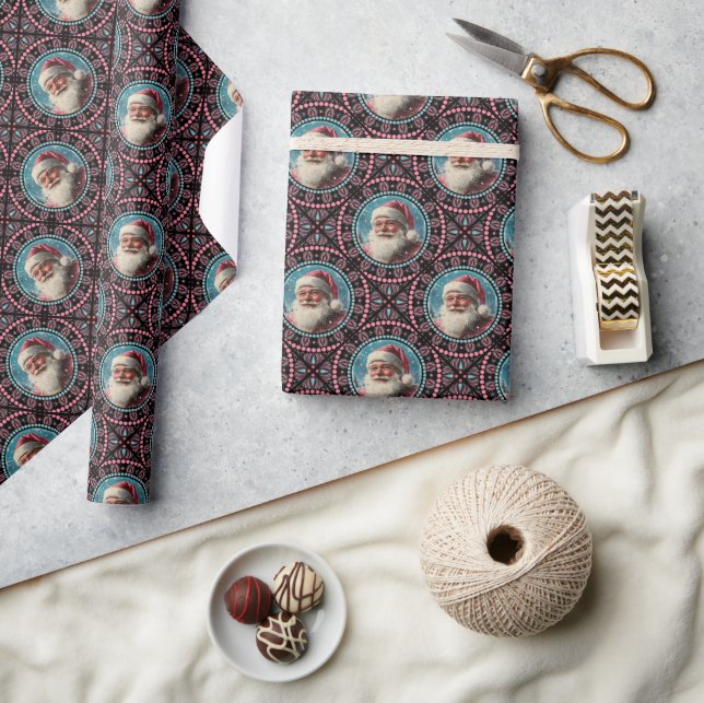 Pink and Teal Retro Santa Mandala Geometric Tile Wrapping Paper (Crafts)