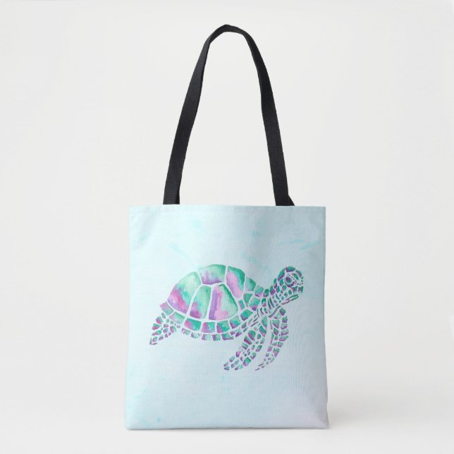 Pink and Teal Sea Turtle on Blue Tote Bag (Front)