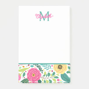 Pink and Teal Spring Floral Monogram Post-it Notes