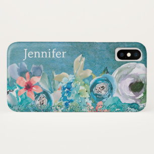 Pink and teal watercolor floral personalised Case-Mate iPhone case