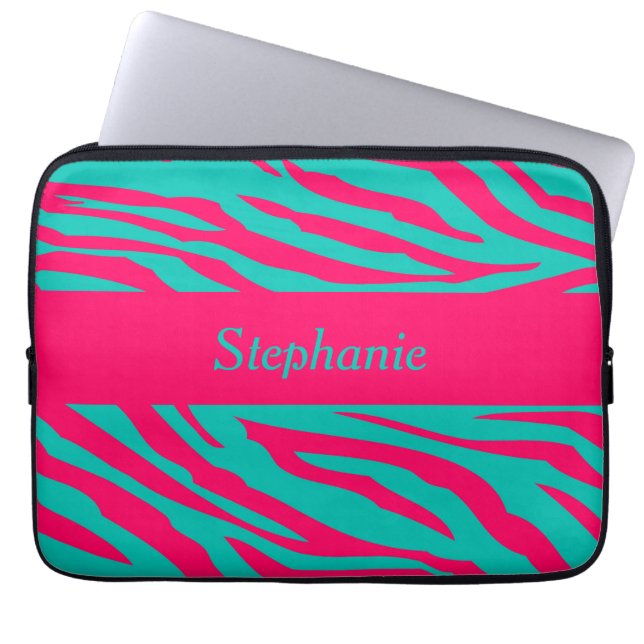 Pink and Teal Zebra Personalised Laptop Sleeve (Front)