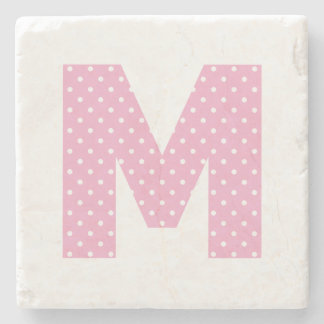 Pink and Tiny White Polka Dot Bold M Monogram Stone Coaster
