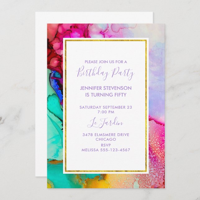 Pink and Turquoise Abstract Watercolor Birthday Invitation (Front/Back)