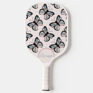 Pink and Turquoise Butterfly Pattern Pickleball Paddle