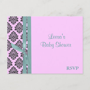 Pink and Turquoise Damask RSVP Invitation Postcard