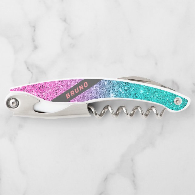 Pink and turquoise glitter ombre monogram corkscrew (Front)