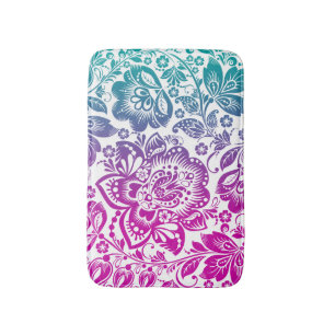 Pink And Turquoise Gradient Floral Damask Bath Mat