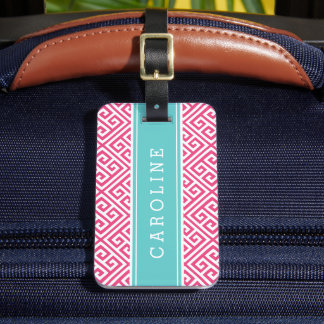 Pink and Turquoise Greek Key Custom Monogram Luggage Tag