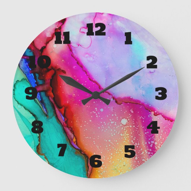 Pink and Turquoise Marble Abstract Watercolor Large Clock (Front)