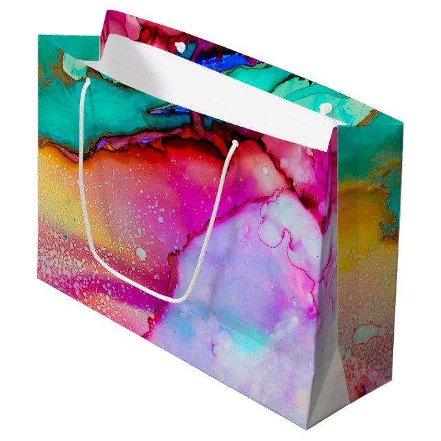 Pink and Turquoise Marble Abstract Watercolor Large Gift Bag (Front Angled)