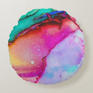 Pink and Turquoise Marble Abstract Watercolor Round Cushion