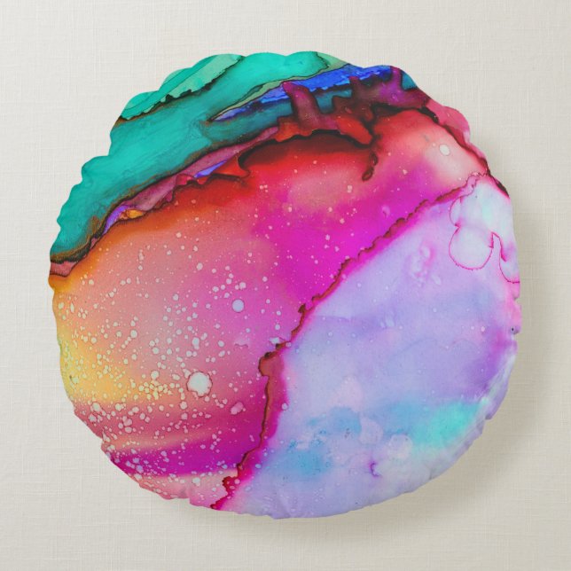 Pink and Turquoise Marble Abstract Watercolor Round Cushion (Front)