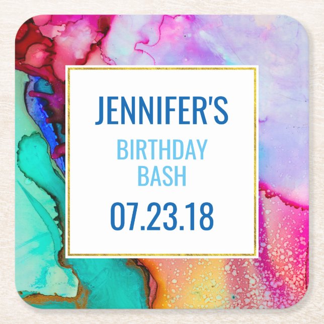 Pink and Turquoise Marble Abstract Watercolor Square Paper Coaster (Front)