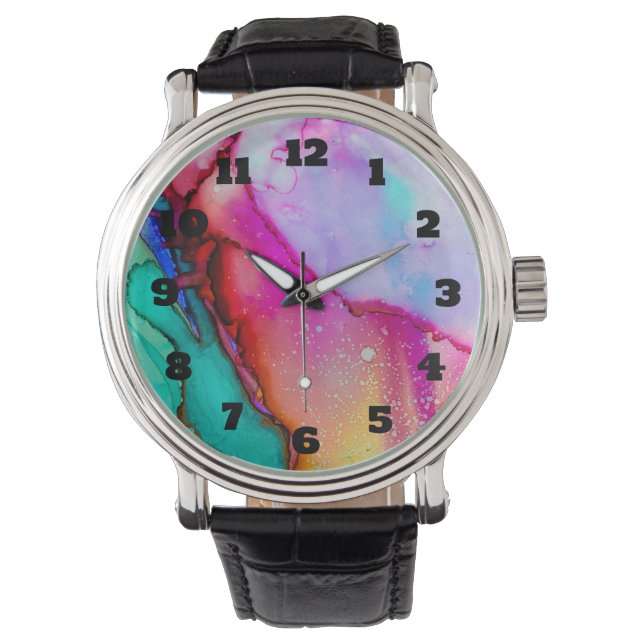 Pink and Turquoise Marble Abstract Watercolor Watch (Front)