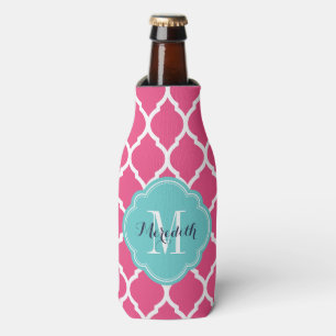 Pink and Turquoise Moroccan Quatrefoil Monogram Bottle Cooler