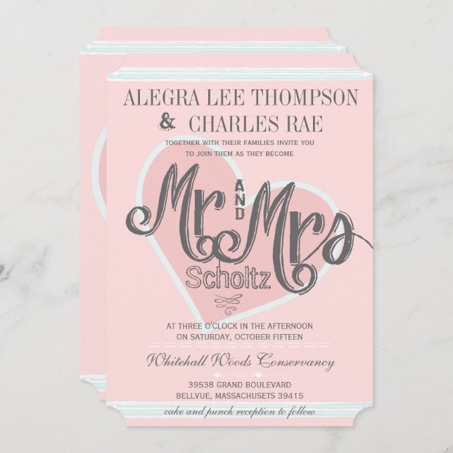 Pink and Turquoise Mr and Mrs Typography Weddings Invitation (Front/Back)