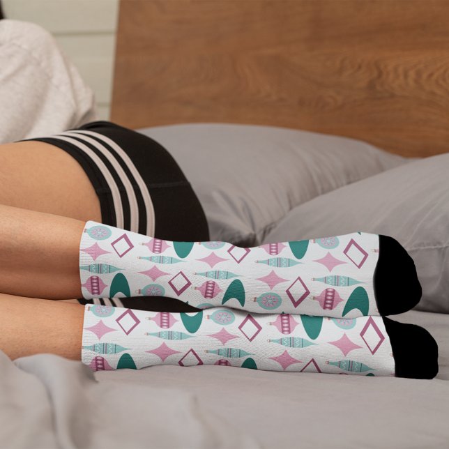 Pink and Turquoise Retro Christmas Ornaments  Socks (Creator Uploaded)