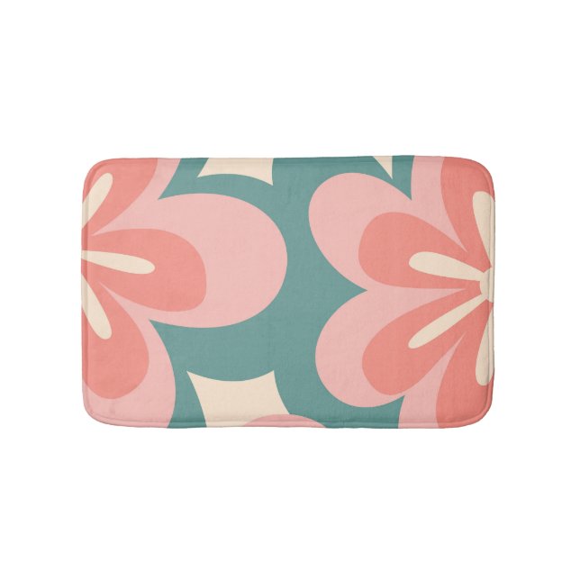 Pink and turquoise retro style flowers bath mat (Front)