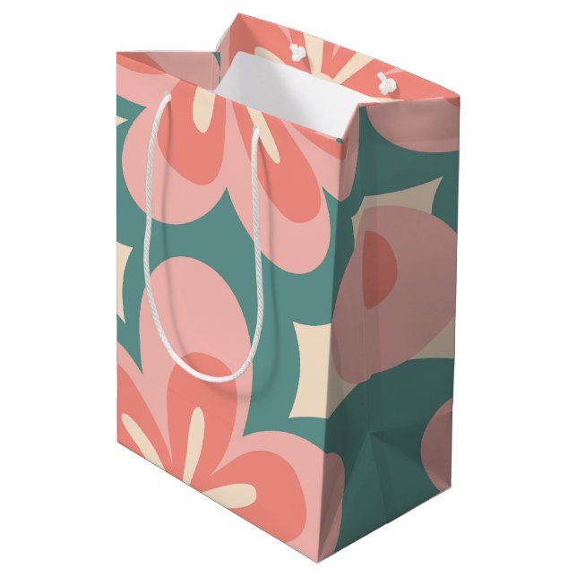 Pink and turquoise retro style flowers medium gift bag (Back Angled)