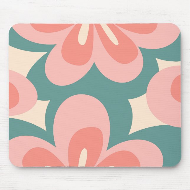 Pink and turquoise retro style flowers mouse pad (Front)