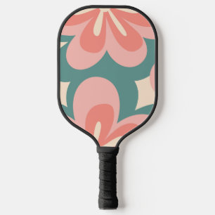 Pink and turquoise retro style flowers pickleball paddle