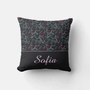 Pink and turquoise stylised leaves black Pattern Cushion