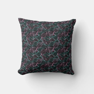 Pink and turquoise stylised leaves black Pattern Cushion