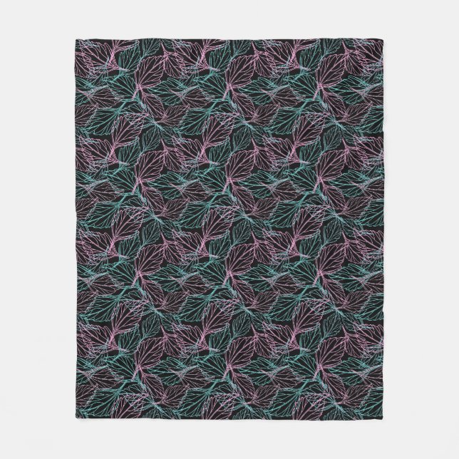 Pink and turquoise stylised leaves black Pattern  Fleece Blanket (Front)