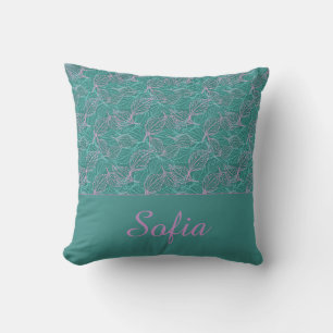 Pink and turquoise stylised leaves blue Pattern Cushion