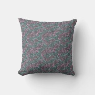 Pink and turquoise stylised leaves  grey Pattern  Cushion