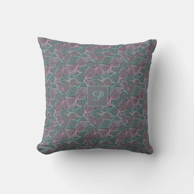 Pink and turquoise stylised leaves  grey Pattern  Cushion (Front)