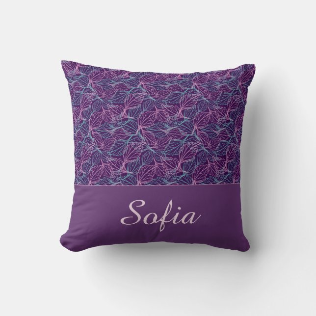 Pink and turquoise stylised leaves purple Pattern  Cushion (Front)