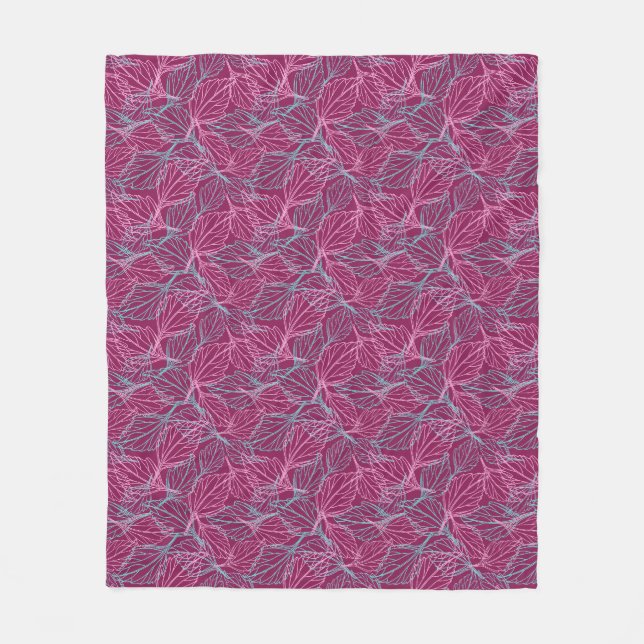 Pink and turquoise stylised leaves red Pattern  Fleece Blanket (Front)