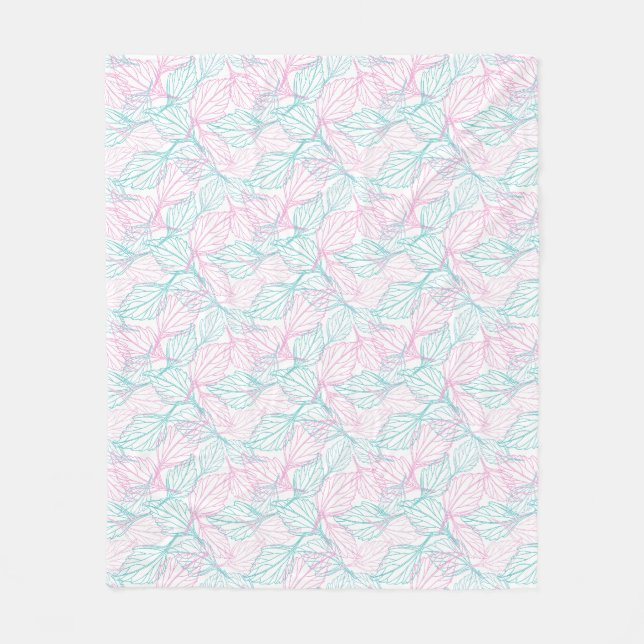 Pink and turquoise stylised leaves white Pattern  Fleece Blanket (Front)