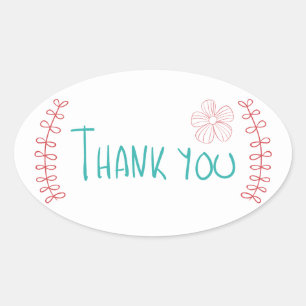 Pink And Turquoise Thank You Floral Wreath Flower Oval Sticker