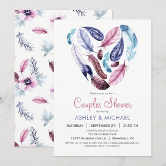 Pink and Violet Feathers Couples Shower Invitation