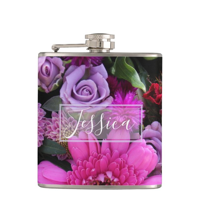 Pink and Violet Flowers Personalised Hip Flask (Front)