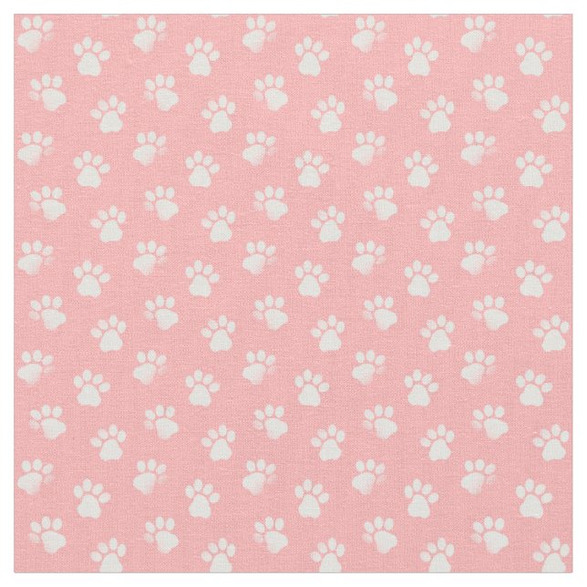 Pink and White Animal Cat Dog Paw Prints Pattern Fabric (Close Up)