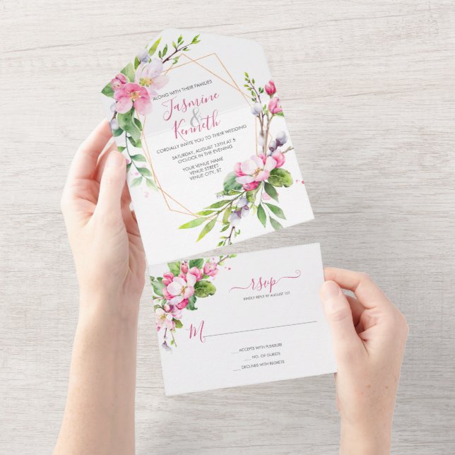 Pink and White Apple Blossoms Wedding All In One Invitation (Tearaway)