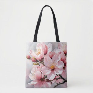 Pink and White Apricot Blossoms on Grey Background Tote Bag