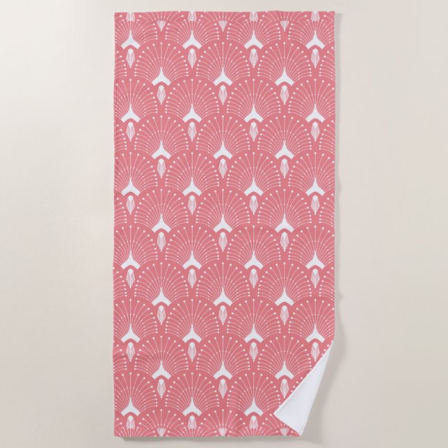 Pink and white art-deco geometric pattern beach towel (Front)