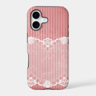 Pink and white background with black lace