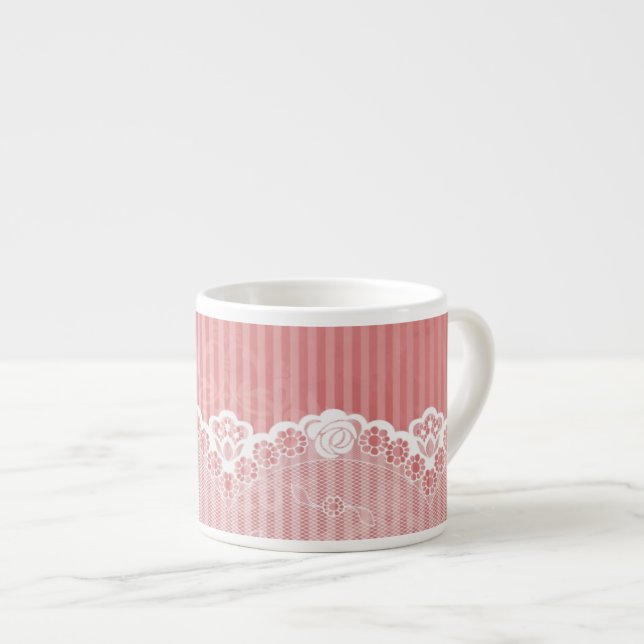 Pink and white background with black lace espresso cup (Front Right)